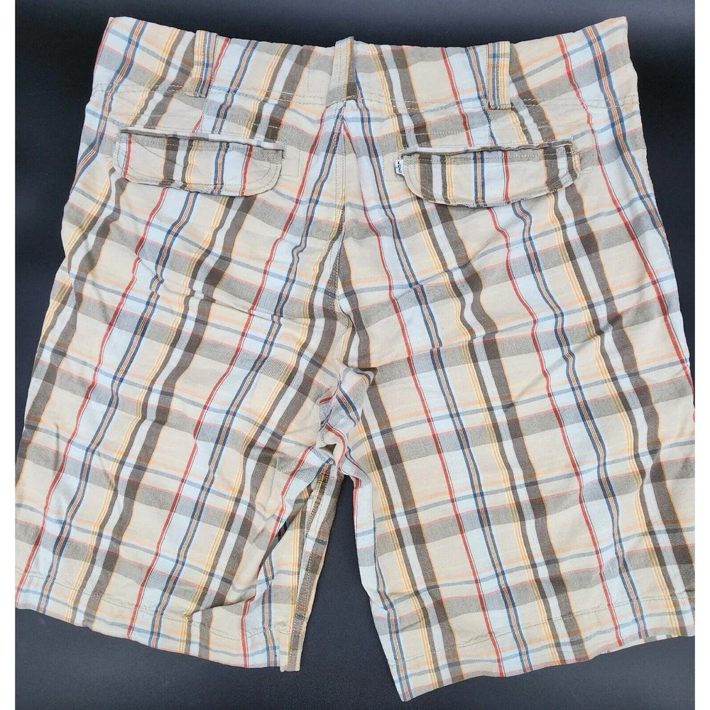 Levis Mens W 36 Seaside Flat Front Shorts White Blue Brown Check‎ Cotton EUC